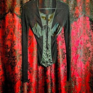 Early 1990’s, Gothic cross fishnet lace up top. Fetish Small